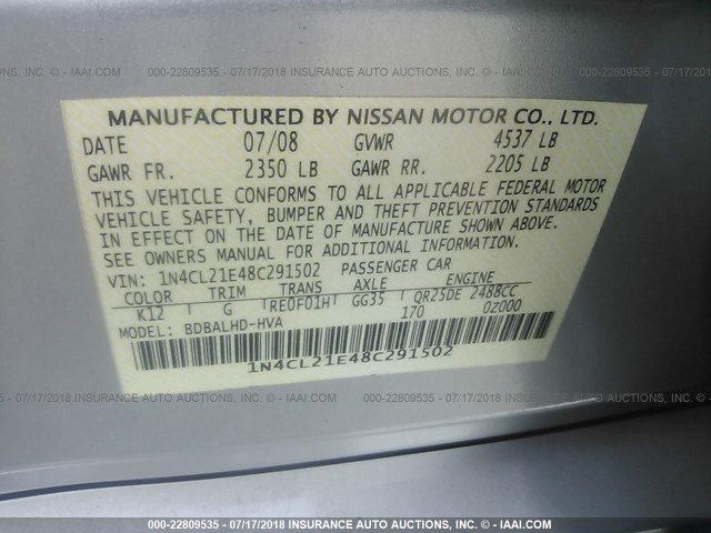 1N4CL21E48C291502 - 2008 NISSAN ALTIMA HYBRID SILVER photo 9