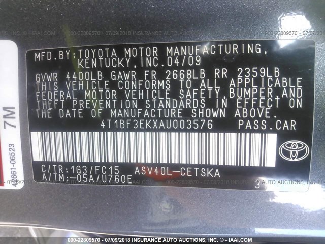 4T1BF3EKXAU003576 - 2010 TOYOTA CAMRY SE/LE/XLE GRAY photo 9