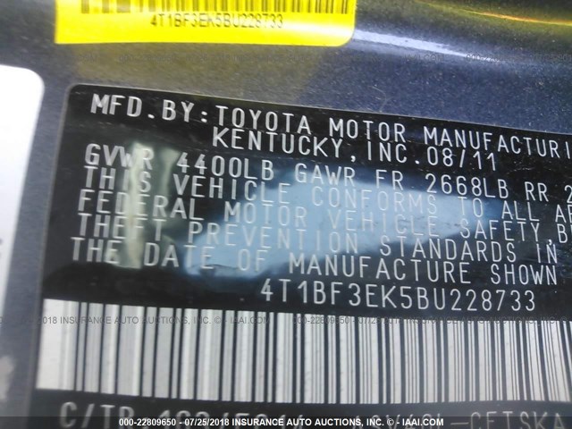 4T1BF3EK5BU228733 - 2011 TOYOTA CAMRY SE/LE/XLE 灰色 照片 9