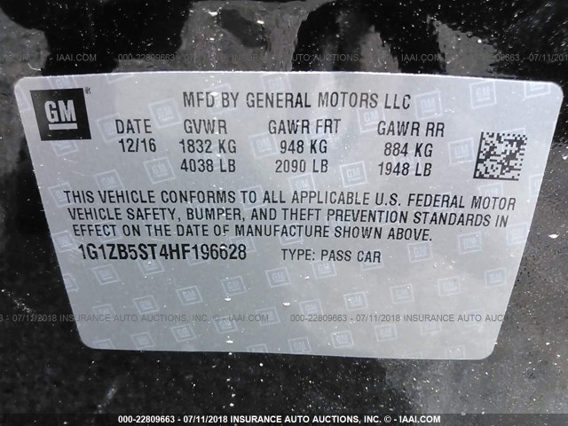 1G1ZB5ST4HF196628 - 2017 CHEVROLET MALIBU LS BLACK photo 9