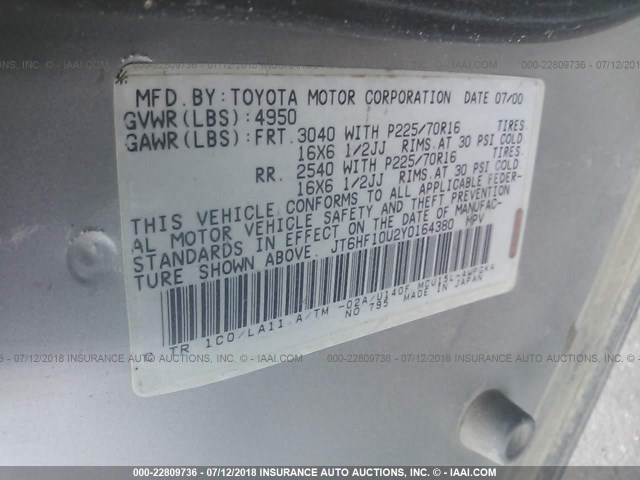 JT6HF10U2Y0164380 - 2000 LEXUS RX 300 SILVER photo 9