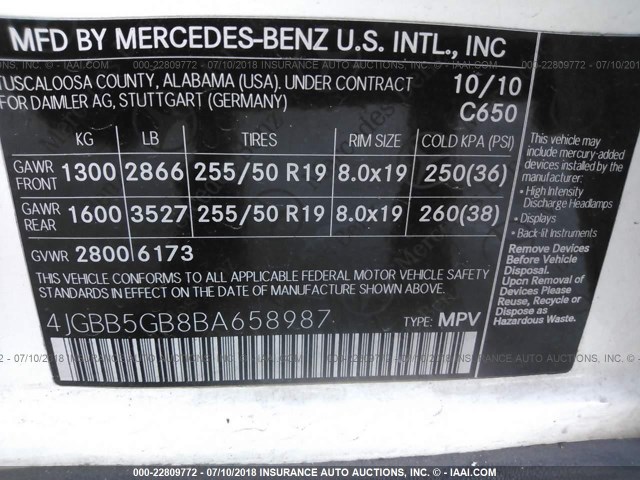 4JGBB5GB8BA658987 - 2011 MERCEDES-BENZ ML 350 WHITE photo 9