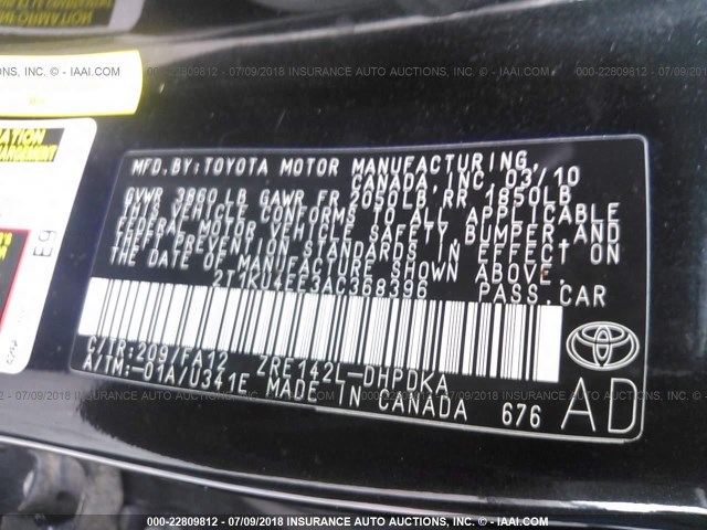 2T1KU4EE3AC368396 - 2010 TOYOTA COROLLA MATRIX  BLACK photo 9