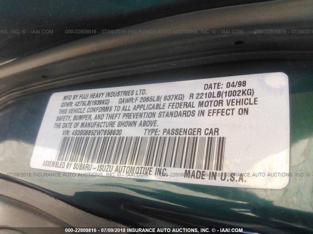 4S3BG6852W7656630 - 1998 SUBARU LEGACY 30TH ANN OUTBACK/LTD/SPT GREEN photo 9