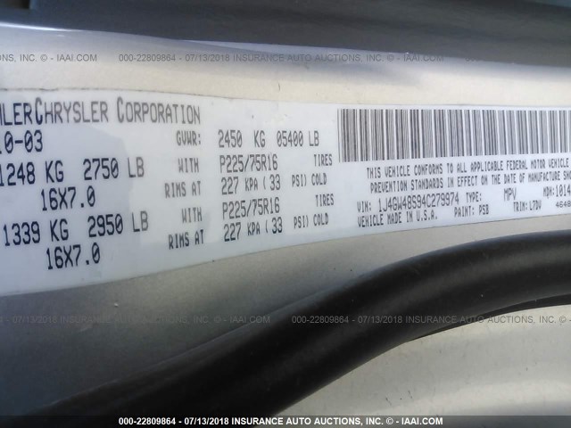 1J4GW48S94C279974 - 2004 JEEP GRAND CHEROKEE LAREDO/COLUMBIA/FREEDOM 银色 照片 9