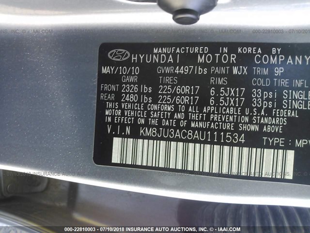 KM8JU3AC8AU111534 - 2010 HYUNDAI TUCSON GLS/LIMITED GRAY photo 9