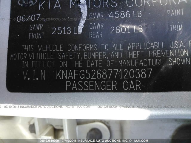 KNAFG526877120387 - 2007 KIA RONDO LX/EX SILVER photo 9