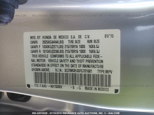 3CZRM3H30FG701681 - 2015 HONDA CR-V LX SILVER photo 9