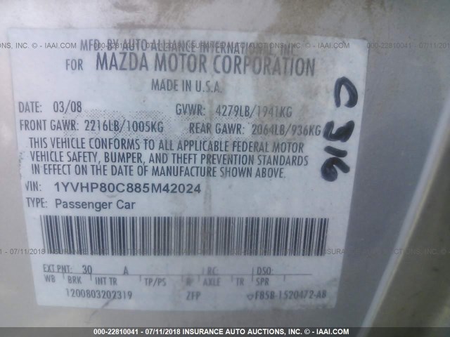 1YVHP80C885M42024 - 2008 MAZDA 6 I Silber Foto 9