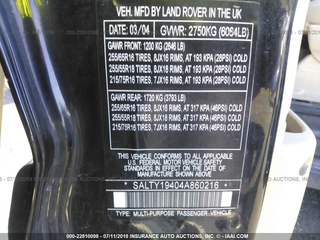 SALTY19404A860216 - 2004 LAND ROVER DISCOVERY II SE BLACK photo 9