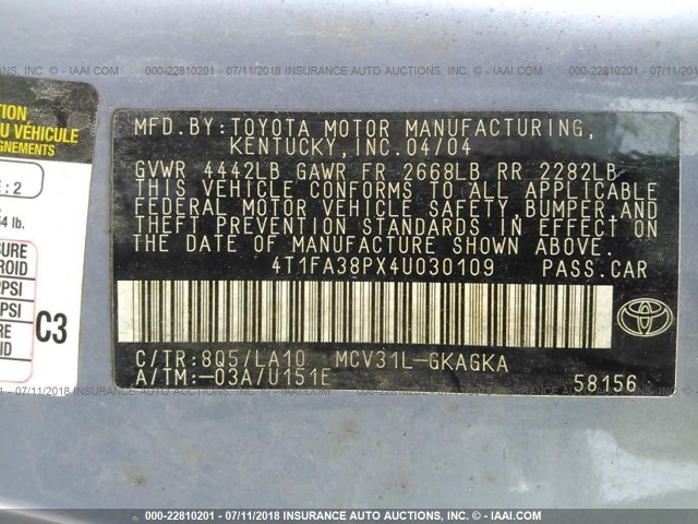 4T1FA38PX4U030109 - 2004 TOYOTA CAMRY SOLARA SE/SLE 蓝色 照片 9