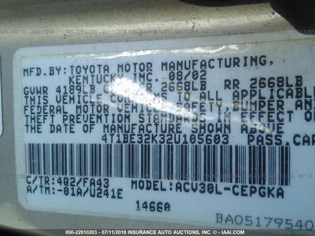 4T1BE32K32U105603 - 2002 TOYOTA CAMRY LE/XLE/SE 金色 照片 9