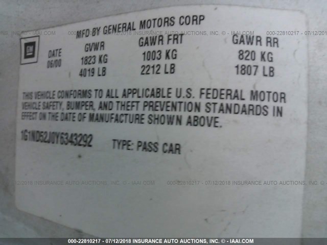 1G1ND52J0Y6343292 - 2000 CHEVROLET MALIBU WHITE photo 9