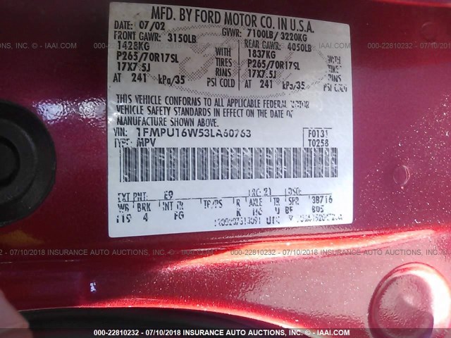 1FMPU16W53LA60763 - 2003 FORD EXPEDITION XLT RED photo 9