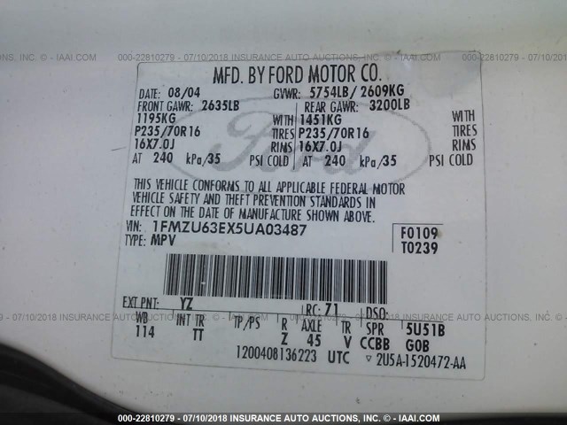 1FMZU63EX5UA03487 - 2005 FORD EXPLORER XLT/XLT SPORT/NBX 白色 照片 9