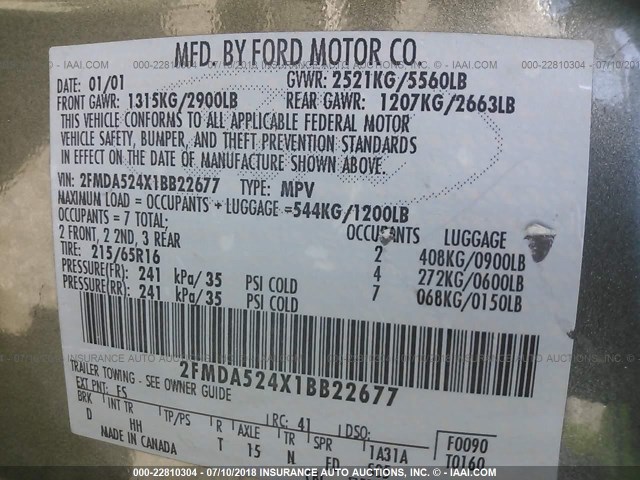 2FMDA524X1BB22677 - 2001 FORD WINDSTAR SE GRAY photo 9