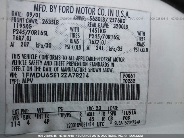 1FMDU65E12ZA78214 - 2002 FORD EXPLORER LIMITED WHITE photo 9