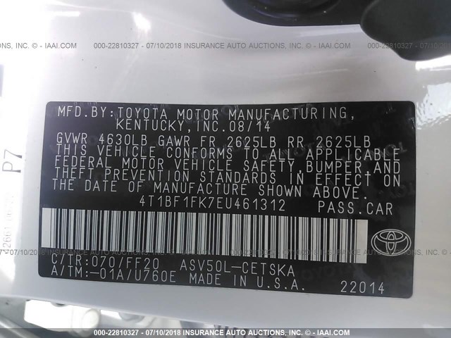 4T1BF1FK7EU461312 - 2014 TOYOTA CAMRY L/SE/LE/XLE 白色 照片 9