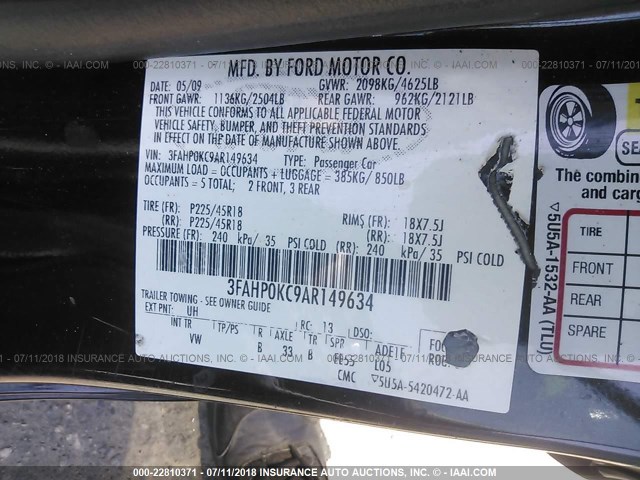 3FAHP0KC9AR149634 - 2010 FORD FUSION SPORT BLACK photo 9