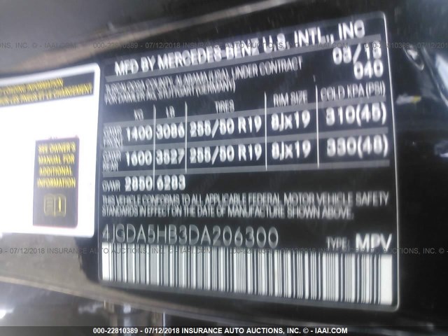 4JGDA5HB3DA206300 - 2013 MERCEDES-BENZ ML 350 4MATIC BLACK photo 9