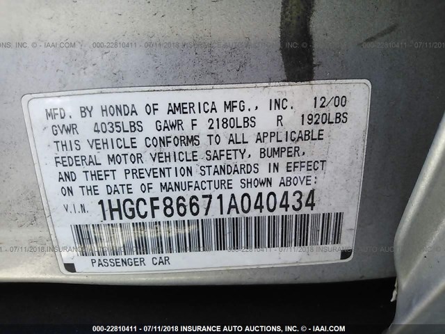 1HGCF86671A040434 - 2001 HONDA ACCORD VALUE SILVER photo 9