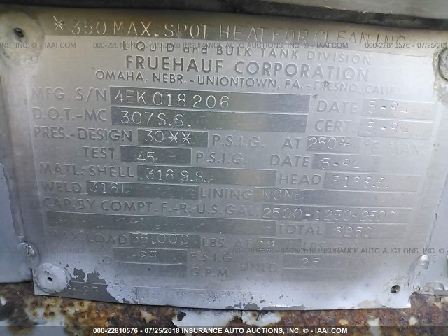 1H4T04222EK018206 - 1984 FRUEHAUF TANK SILVER photo 9