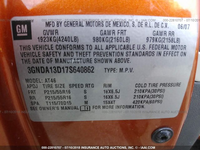 3GNDA13D17S640862 - 2007 CHEVROLET HHR LS ORANGE photo 9