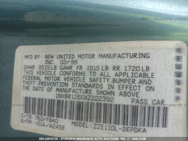 1NXBR12E6XZ222392 - 1999 TOYOTA COROLLA VE/CE/LE 绿色 照片 9