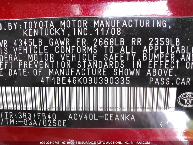4T1BE46K09U390335 - 2009 TOYOTA CAMRY SE/LE/XLE 红色 照片 9