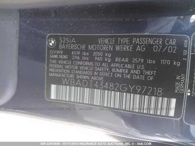 WBADT43482GY97218 - 2002 BMW 525 I AUTOMATIC Dark Blue photo 9