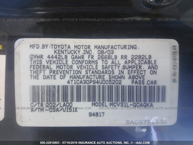 4T1CA30P94U005202 - 2004 TOYOTA CAMRY SOLARA SE/SLE შავი ფოტო 9