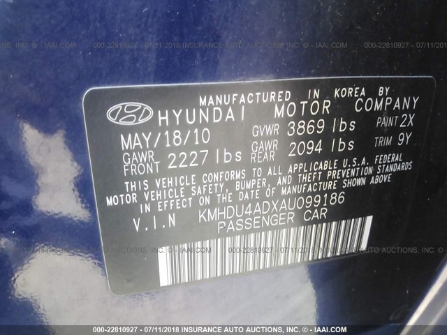 KMHDU4ADXAU099186 - 2010 HYUNDAI ELANTRA BLUE/GLS/SE BLUE photo 9