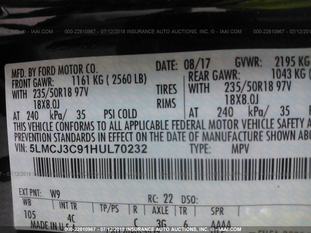 5LMCJ3C91HUL70232 - 2017 LINCOLN MKC RESERVE BLACK photo 9