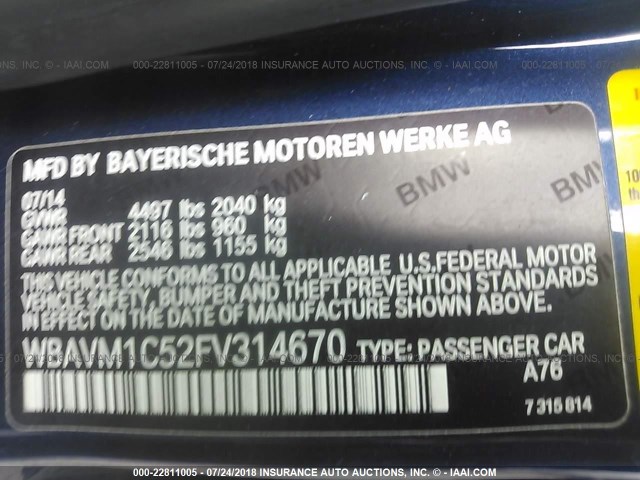 WBAVM1C52FV314670 - 2015 BMW X1 SDRIVE28I Dark Blue photo 9
