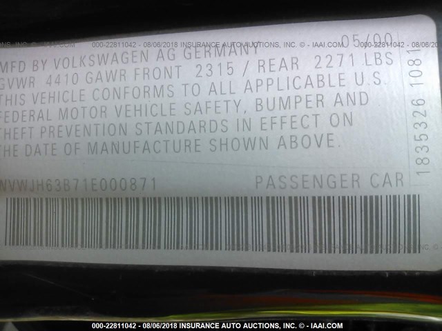 WVWJH63B71E000871 - 2001 VOLKSWAGEN PASSAT GLX 蓝色 照片 7