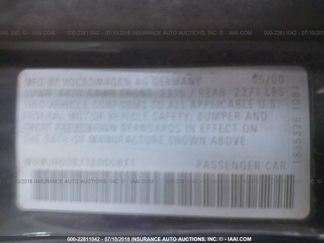 WVWJH63B71E000871 - 2001 VOLKSWAGEN PASSAT GLX 蓝色 照片 9