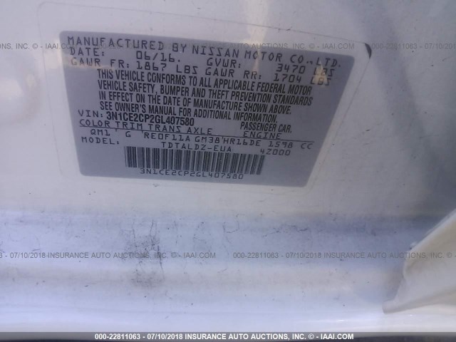 3N1CE2CP2GL407580 - 2016 NISSAN VERSA NOTE S/S PLUS/SV/SL/SR WHITE photo 9