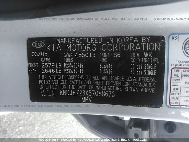 KNDJE723X57088673 - 2005 KIA NEW SPORTAGE  SILVER photo 9