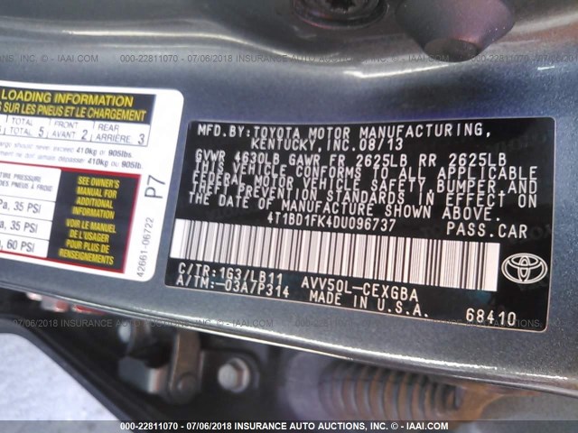 4T1BD1FK4DU096737 - 2013 TOYOTA CAMRY HYBRID/LE/XLE 灰色 照片 9