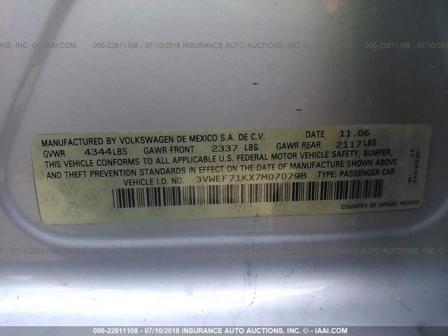3VWEF71KX7M070798 - 2007 VOLKSWAGEN JETTA WOLFSBURG 银色 照片 9