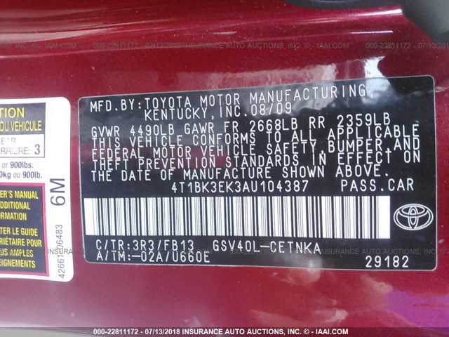 4T1BK3EK3AU104387 - 2010 TOYOTA CAMRY წითელი ფოტო 9