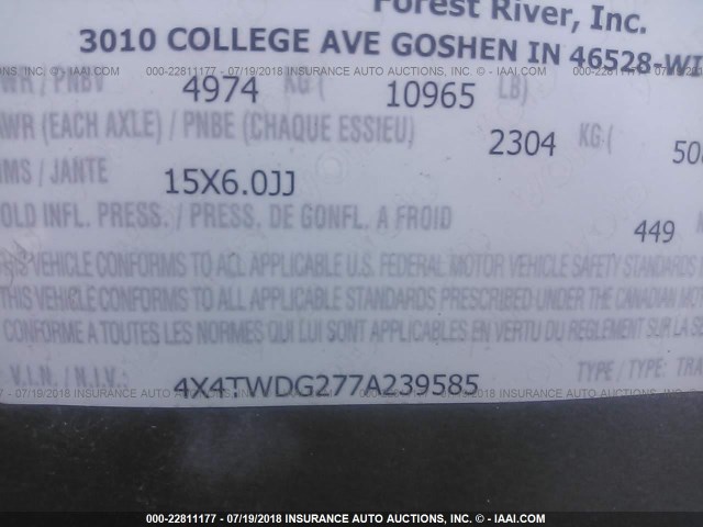 4X4TWDG277A239585 - 2007 FOREST RIVER WILDWOOD 31QBSSL  白色 照片 10