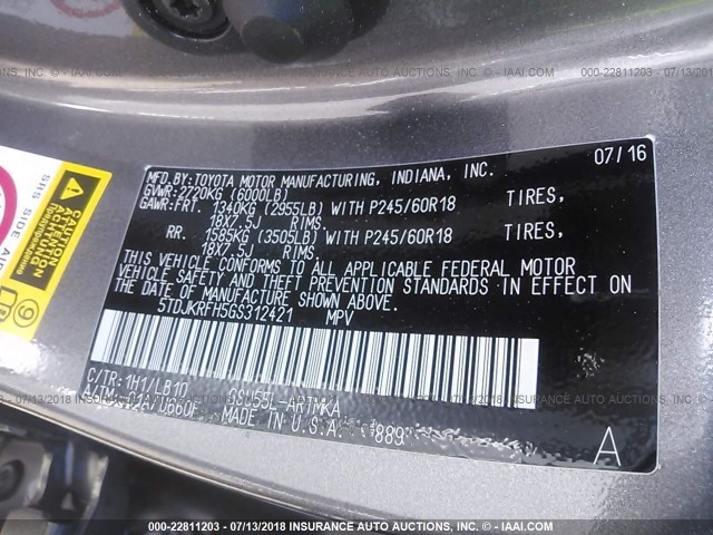 5TDJKRFH5GS312421 - 2016 TOYOTA HIGHLANDER XLE ნაცრისფერი ფოტო 9