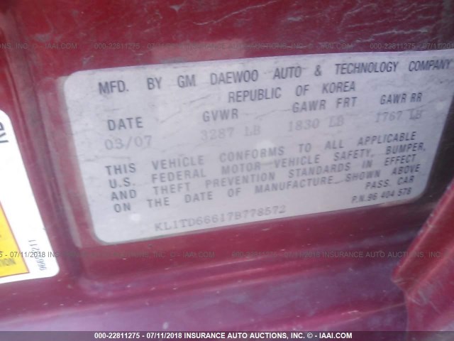 KL1TD66617B778572 - 2007 CHEVROLET AVEO LS RED photo 9
