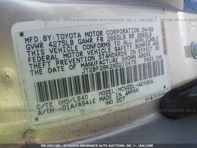 JT2BF28K2X0210479 - 1999 TOYOTA CAMRY LE/XLE GOLD photo 9