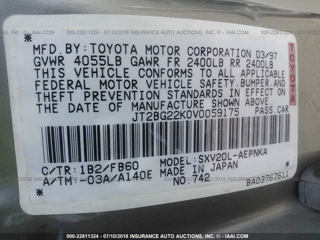 JT2BG22K0V0059175 - 1997 TOYOTA CAMRY LE/XLE GOLD photo 9