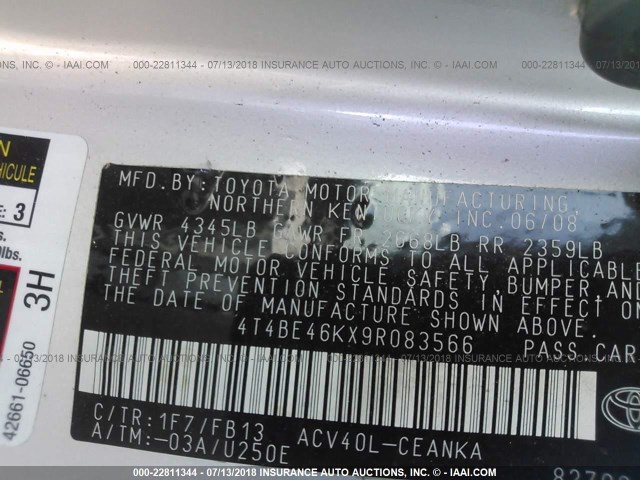 4T4BE46KX9R083566 - 2009 TOYOTA CAMRY SE/LE/XLE SILVER photo 9