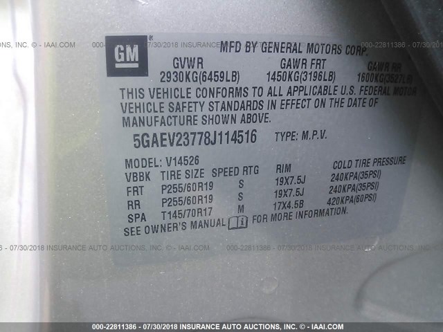 5GAEV23778J114516 - 2008 BUICK ENCLAVE CXL SILVER photo 9