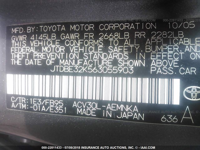 JTDBE32K563055903 - 2006 TOYOTA CAMRY LE/XLE GRAY photo 9