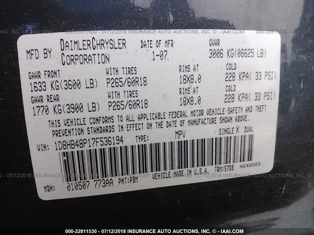 1D8HB48P17F536194 - 2007 DODGE DURANGO SLT BLUE photo 9